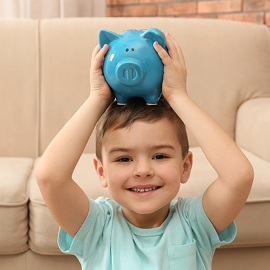 Young boy with a piggy bank on top of his head