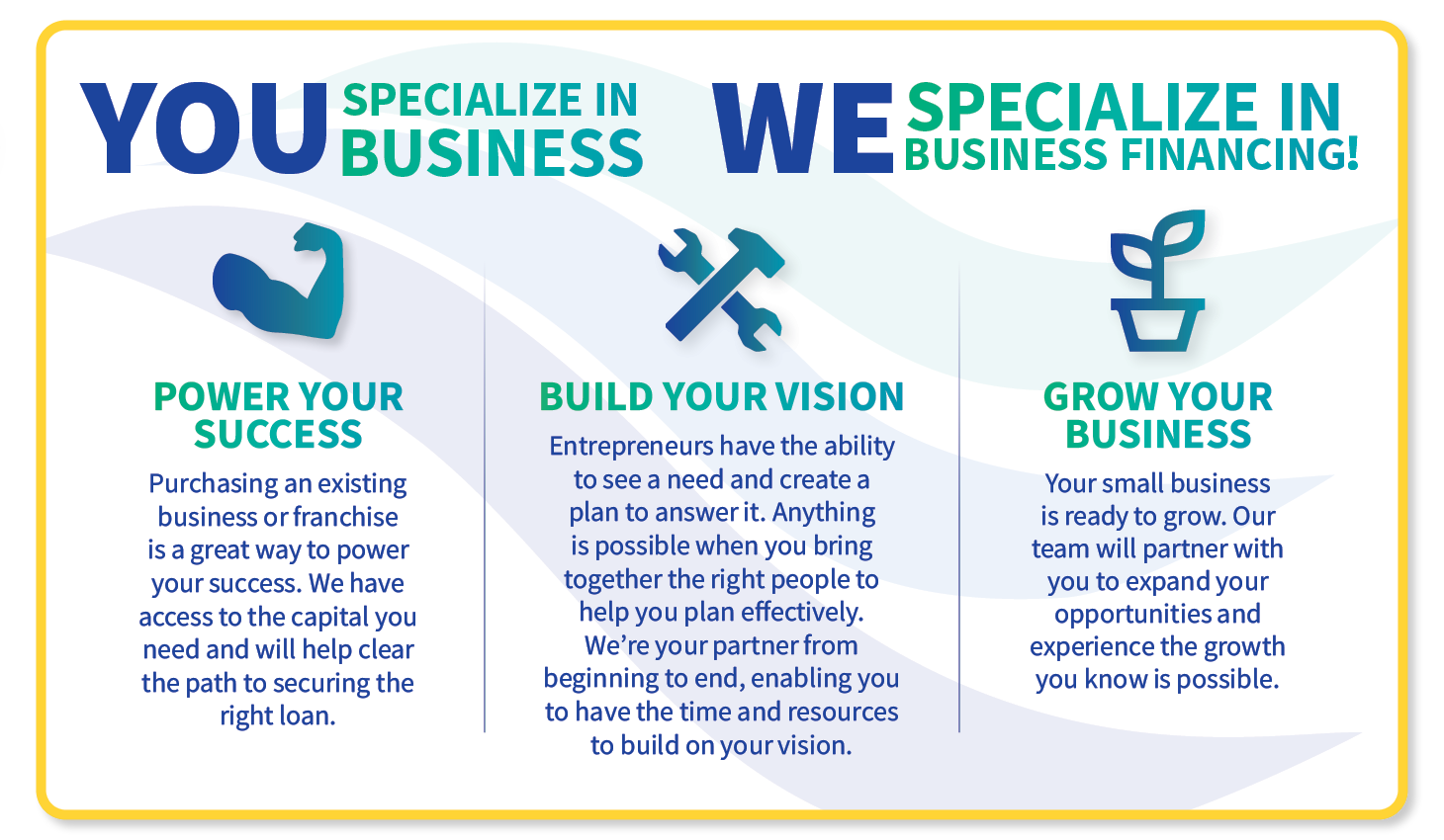 You specialize in business. We specialize in business financing!